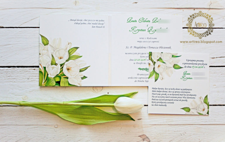 bialo zielone wiosenne zaproszenia slubne zmotywem bialych tulipanow artirea