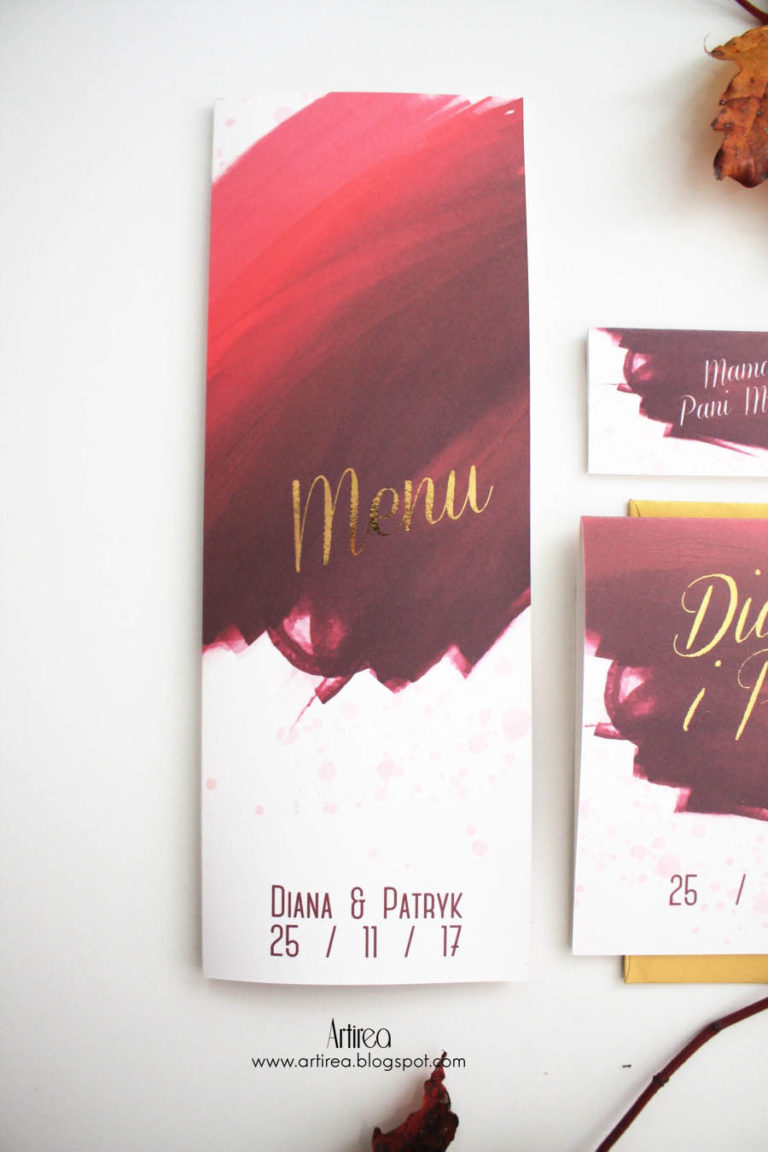 burgund i zloto pozlacane menu weselne