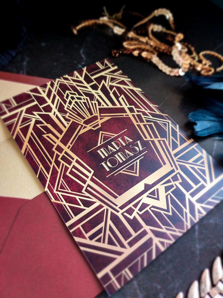 zaproszenia slubne art deco great gatsby bordowo zlote