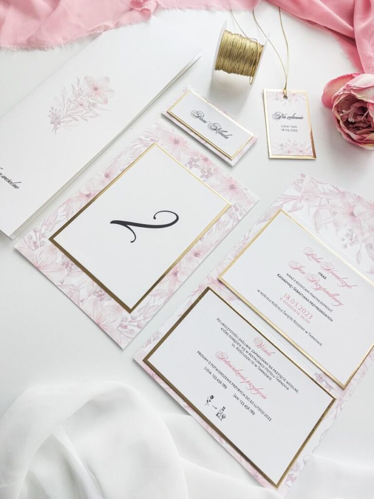różowe zaproszenia ślubne glamour