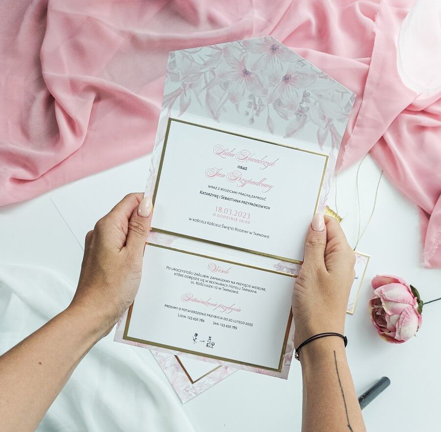 różowe zaproszenia ślubne glamour