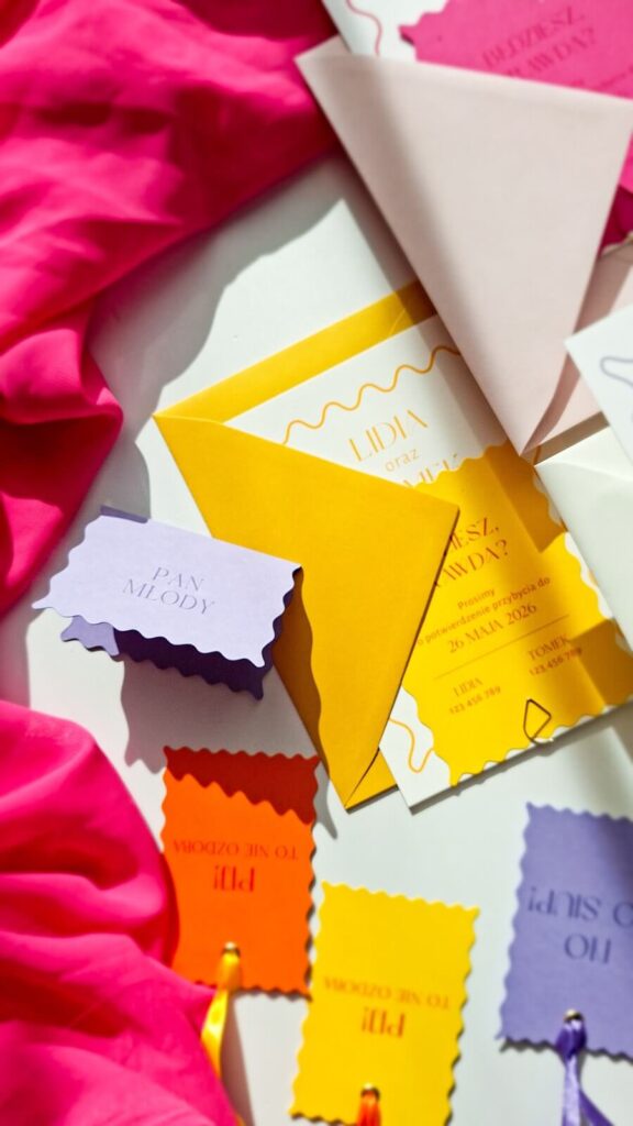 Flatlay falowanych zaproszeń ślubnych z włoskiego papieru – styl minimalistyczny i nowoczesny.